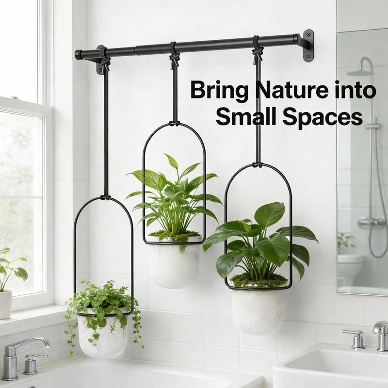🌿Adjustable Hanging Window Planter Set – Metal Rod Plant Hanger with 3 Pots for Indoor & Outdoor Green Display